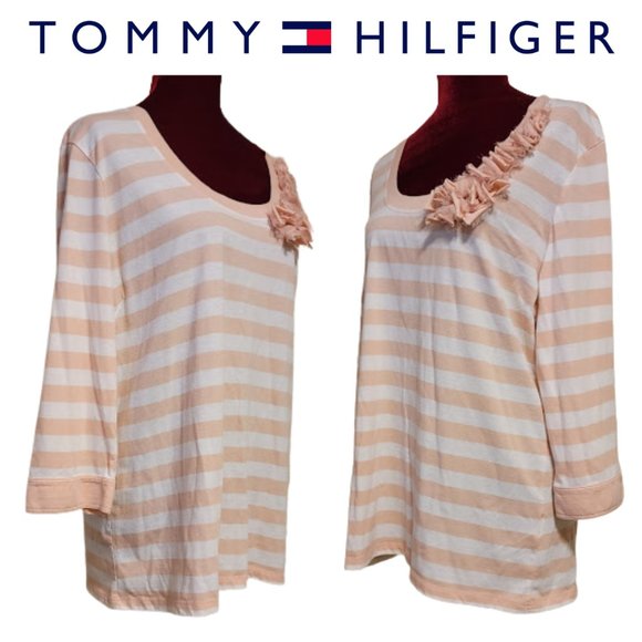 Tommy Hilfiger Tops - Tommy Hilfiger -Peach & White Striped Top w/ Decorative Ruching, SZ XXL